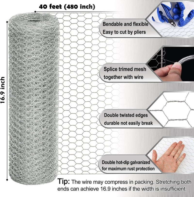Fabulas Chicken Wire Fencing Mesh, 16.9 Inch x 40 Feet Metal Floral Chicken Wire Fence for Crafts Poultry Garden, 0.6 Inch Hexagonal Galvanized Hardware Cloth Netting for Chicken Coop Barrier Rabbit Cage - Image 2